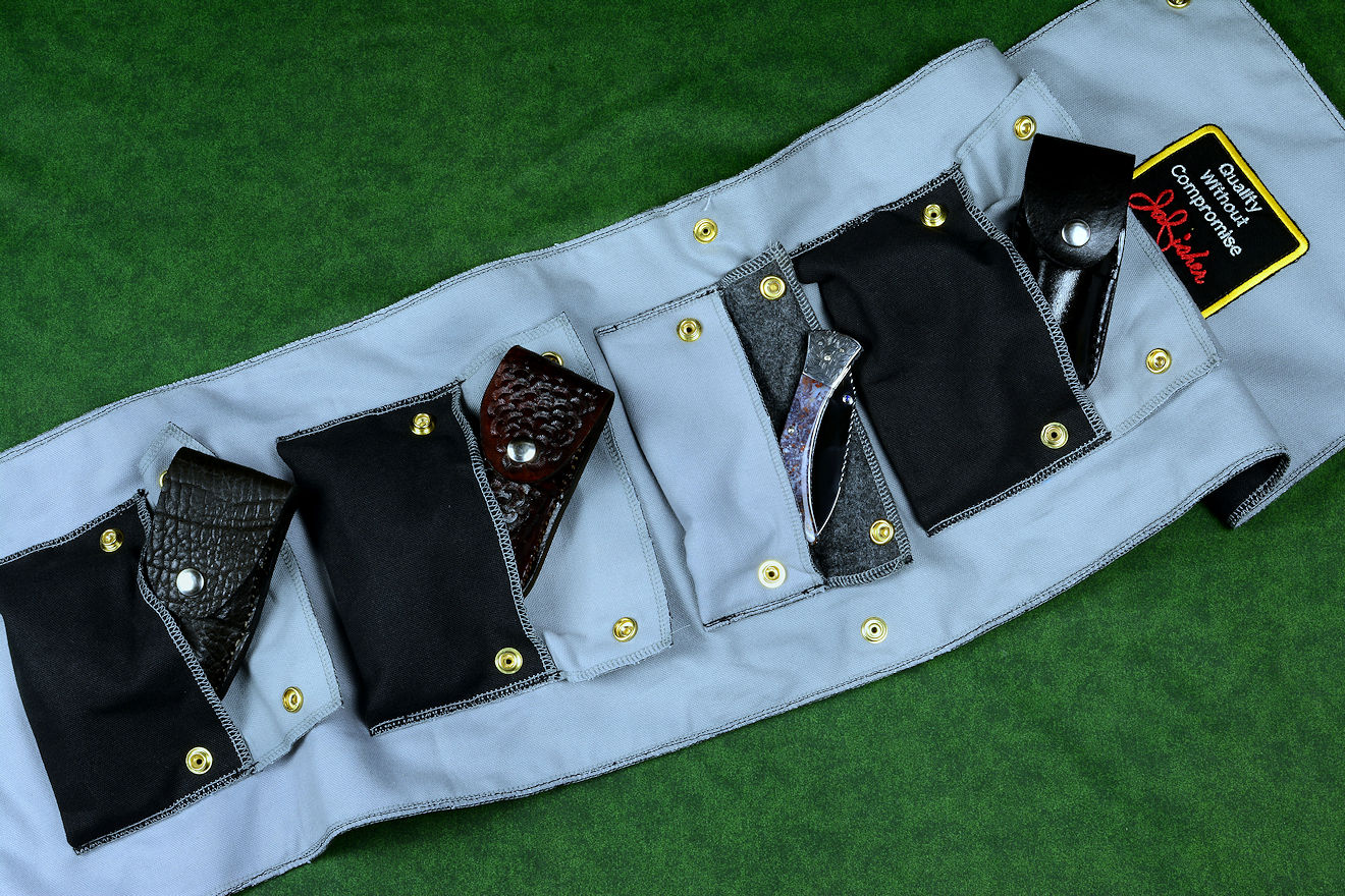 "Starling" fine handmade custom knife sheath and knife roll in triple layer cotton canvas duck, nylon, polyester, brass plated steel "Starling" fine handmade custom knife sheath and knife roll in triple layer cotton canvas duck, nylon, polyester, brass plated steel