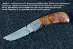 "Bellatrix" custom folding knife in T3 deep cryogenically treated ATS-34 high molybdenum martensitic stainless steel blade, hand-engraved 304 stainless steel bolsters, differerentially anodized 6AL4V titanium liners, Roostertail Agate gemstone handle, 304 stainless steel fasteners with garnet faceted gemstones