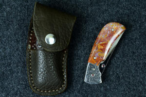 "Bellatrix" custom handmade folding knife with American Bison Skin sheath and stainless steel dot snap