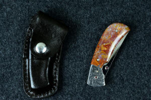 "Bellatrix" fine handmade custom folding knife with black patent leather pocket dress sheath