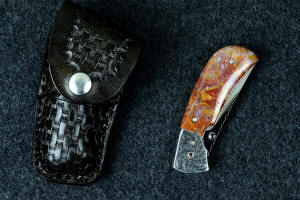 "Bellatrix" fine handmade custom folding knife with black basketweave durable pocket sheath