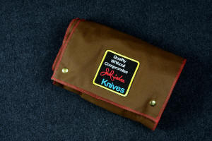 "Bellatrix" fine handmade custom folding knife and sheaths roll case, in triple layer cotton canvas duck in brown and red