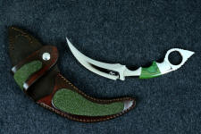 "Raptor" fine handmade custom karambit knife in T3 deep cryogenically treated ATS-34 high molybdenum martensitic stainless steel blade, 304 stainless steel bolsters, Budstone (Verdite) gemstone  handle, leather sheath inlaid with green rayskin