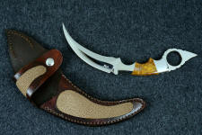 "Raptor" fine handmade custom karambit knife in T3 deep cryogenically treated ATS-34 high molybdenum martensitic stainless steel blade, 304 stainless steel bolsters, Polvadera Agate-Jasper gemstone  handle, leather sheath inlaid with tan rayskin