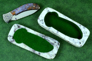 "Starling" granite with garnets and hornblende stone sarcophagus case with cabochons of Rio Grande Agate gemstone and stainless steel pins, polyester felt lining