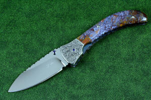 "Starling" fine handmade custom folding knife, obverse side view in high molybdenum stainless steel blade, engraved stainless bolsters, faceted amethyst gemstone accents and Rio Grande Agate handle