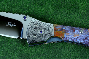 "Starling" fine handmade custom folding knife, maker's mark and obverse side detail with hand-engraved bolsters and blue amethyst faceted gemstone fittings