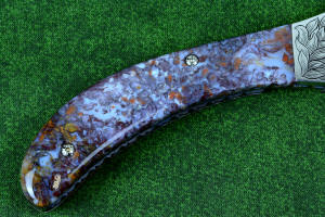 "Starling" reverse side gemstone handle detail in Rio Grande Agate with hand-engraved fasteners