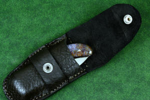 "Starling" fine handmade custom folding knife, sheathed view in open American Bison Skin and leather sheath