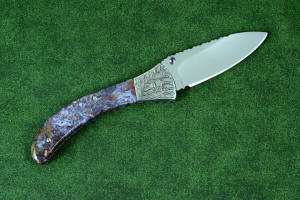 "Starling" fine handmade custom folding knife, reverse side view in high molybdenum stainless steel blade, engraved stainless bolsters, faceted amethyst gemstone accents and Rio Grande Agate handle