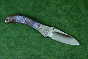 "Starling" fine handmade custom folding knife, reverse side view in high molybdenum stainless steel blade, engraved stainless bolsters, faceted amethyst gemstone accents and Rio Grande Agate handle