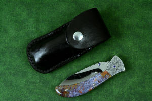 "Starling" fine handmade custom folding knife with black patent leather pocket sheath in 5-6 oz. shoulder, nylon, stainless steel