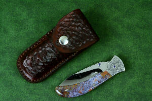 "Starling" fine handmade custom folding knife with brown camouflage leather pocket sheath in 5-6 oz. shoulder, nylon, stainless steel
