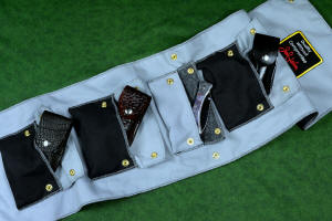 "Starling" fine handmade custom folding knife sheath and knife roll case in triple layer cotton canvas duck stitched with nylon and polyester thread, brass plated steel dot snaps