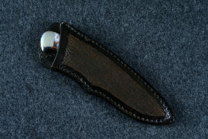 "Temno" fine handmade knife, sheathed view in panel inlaid shark skin in 9-10 oz. leather shoulder, nylon thread