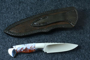 "Temno" fine handmade knife, reverse side view in T3 deep cryogenically treated ATS-34 high molybdenum martensitic stainless steel blade, 304 stainless steel bolsters, Bay of Fundy flame agate gemstone handle, shark skin inlaid in leather sheath