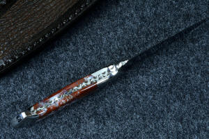 "Temno" fine handmade knife inside handle detail showing contoured gemstone and bolsters, full filework, fully tapered tang