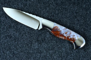 "Temno" obverse side view with maker's mark, in ATS-34 high molybdenum stainless steel blade, 304 stainless steel bolsters, Bay of Fundy flame agate gemstone handle