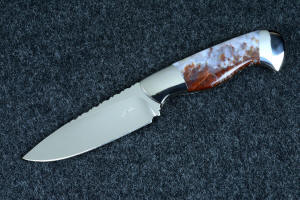"Temno" obverse side view with maker's mark, in ATS-34 high molybdenum stainless steel blade, 304 stainless steel bolsters, Bay of Fundy flame agate gemstone handle