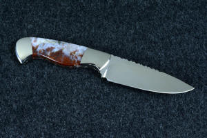 "Temno" reverse side view with maker's mark, in ATS-34 high molybdenum stainless steel blade, 304 stainless steel bolsters, Bay of Fundy flame agate gemstone handle