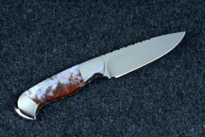 "Temno" reverse side view with maker's mark, in ATS-34 high molybdenum stainless steel blade, 304 stainless steel bolsters, Bay of Fundy flame agate gemstone handle