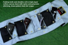 "Starling" fine handmade custom folding knife sheath and knife roll case in triple layer cotton canvas duck stitched with nylon and polyester thread, brass plated steel dot snaps
