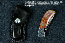 "Bellatrix" fine handmade custom folding knife with black patent leather pocket dress sheath