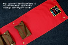 "Bellatrix" fine custom handmade folding knife and sheath roll, pocket details of inside. All edges are overstitched, each pocket is double layered attached to a triple layered backing