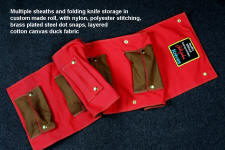 "Bellatrix" fine custom handmade folding knife and sheath roll, pocket details of inside. All edges are overstitched, each pocket is double layered attached to a triple layered backing