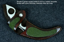 "Raptor" fine handmade custom karambit knife in T3 deep cryogenically treated ATS-34 high molybdenum martensitic stainless steel blade, 304 stainless steel bolsters, Budstone (Verdite) gemstone  handle, leather sheath inlaid with green rayskin