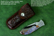 "Starling" fine handmade custom folding knife with brown camouflage leather pocket sheath in 5-6 oz. shoulder, nylon, stainless steel