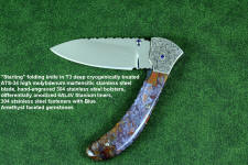 "Starling" fine handmade custom folding knife, obverse side view in high molybdenum stainless steel blade, engraved stainless bolsters, faceted amethyst gemstone accents and Rio Grande Agate handle
