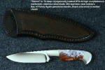 "Temno" fine handmade knife in T3 deep cryogenically treated ATS-34 high molybdenum martensitic stainless steel blade, 304 stainless steel bolsters, Bay of Fundy flame agate gemstone handle, shark skin inlaid in leather sheath